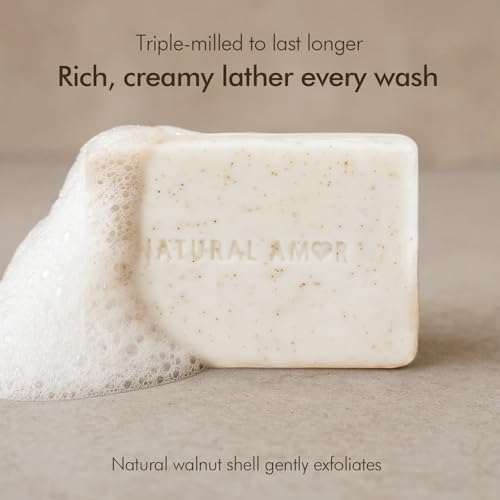 Natural Amor Lavender Tea Tree Soap Bar 7oz ? Natural Exfoliating Body Soap with Walnut Shell ? Long-Lasting Triple Milled Moisturizing Bar for Men & Women