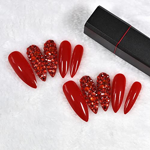 Elevenail Glossy Red Press on Nails Long Coffin False Nails Faux Ongles Reusable Solid Color Nail Art Tips Salon DIY Manicure Acrylic Fake Nails Gifts for Women Girls