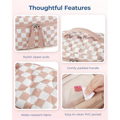 BAGSMART Travel Makeup Bag, 2-Piece Puffy Quilted Cute Make Up Bag Cosmetic Bags for Women, Large Wide-Open Toiletry Pouch Gifts for Toiletries Accessories Travelling Essentials, Checkered Khaki