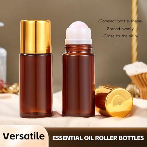 Rose Quartz Essential Oil Roller Bottles - 50ml Refillable Amber Glass (2 Pack)