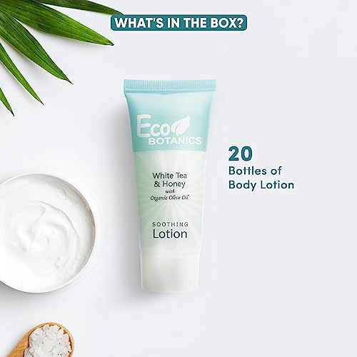 Travel Size Hotel Lotion 20 Count 0.85 oz Bottles Guest Amenities | Vacation Rentals and Short Term Rentals Paraben Free White Tea Scent Infused with Aloe Honey and Olive Oil by Eco Botanics