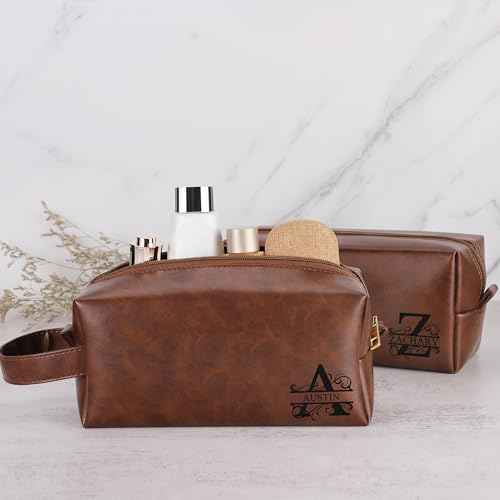 Mens Toiletry Travel Bag Initial M, Personalized Leather Toiletry Bag for Men, Anniversary Christmas Valentines Fathers Day Birthday Gifts for Husband Dad Grandpa Brother