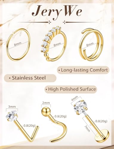 JeryWe 14K Gold Plated Nose Ring Set - Hypoallergenic Stainless Steel Hoop with CZ Lip Ring, L-Shaped Stud, Threadless Back