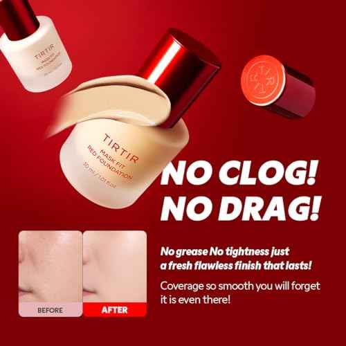 TIRTIR Mask Fit Red Foundation¤ÓLong Lasting Flawless Coverage, Energy Essence, Lightweight, Hydrating, Pore-Blurring, Breathable Satin Finish, Makeup, Radiant Skin, #22N Shell Beige, 1.01 Fl Oz