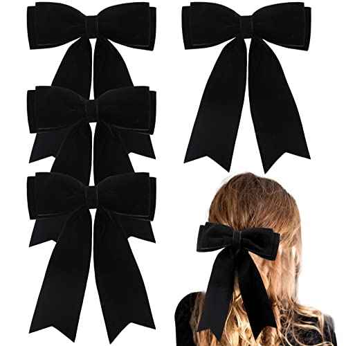 4PCS Velvet Hair Bows for Girls, Black Hair Bow Clips Ponytail Long Ribbon Bows Hair Accessories for Women Girls Toddlers Infant (Black)