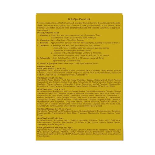 Vedic Line Gold Facial Kit Beautiful Golden Glowing Brightening Skin with Saffron, Almond and Sandalwood Ingredients (Cleanser, Scrub, Cream, Massage Gel, Pack, Serum), 49ml