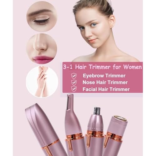 Scienbeauty Nose Ear Hair Trimmer Facial & Eyebrow Hair Remover for Women, 3 in 1 USB Rechargeable Painless Hair Removal Kit with 3 Replaceable Rinseable Grooming Heads
