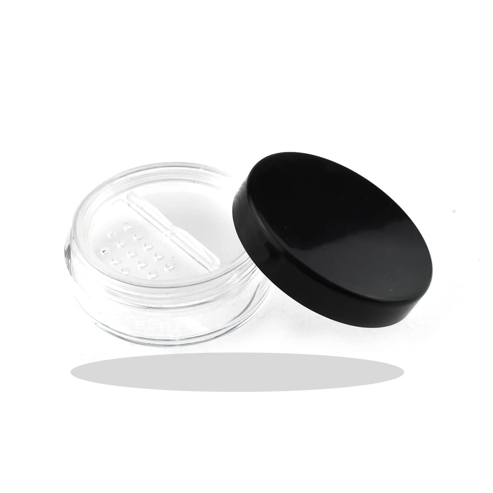 HAHIYO 4Pcs 10ml/0.34oz Plastic Empty Travel Powder Container Small Loose Powder Compact Case Makeup Cosmetic Jar Refillable Powder Box No Leak Powder Holder with Rotatable Sifter and Black Screw Lid