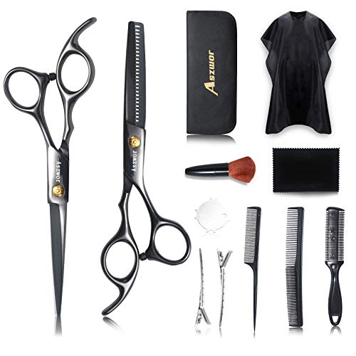 Aszwor 12 PCS Hair Cutting Scissors Kits, Hairdressing Scissors Set,Professional Haircut Scissors Kit with Cutting Scissors,Thinning Scissors, Comb, Cape, Clips,for Barber Shop, Salon, Home