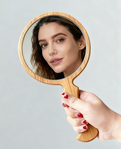 Wooden Handheld Mirror 5.1" Vintage Round Beech Wood with Handle