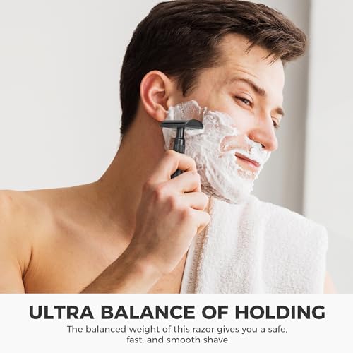 ZOMCHI Double Edge Safety Razor with Razor Stand, [New Version 2.0 ] Men¡¯s Metal Razor with 10 Safety Razor Blades for Men & Women - Matte Black