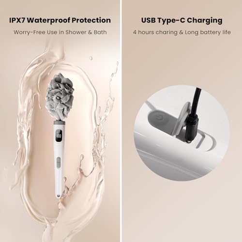 WJX Electric Body Brush with Replaceable Heads ? Rechargeable, Waterproof, 2-Speed Adjustable Back Scrubber for Shower (Snow White)
