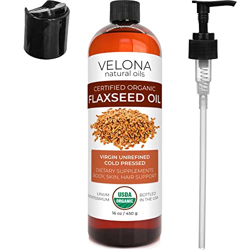 velona USDA Certified Organic Flaxseed Oil - 16 fl oz | 100% Pure and Natural Carrier Oil | Unrefined, Cold Pressed | Hair Growth, Body, Face & Skin Care | Use Today - Enjoy Results