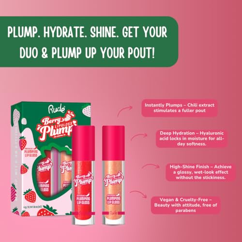 RUDE Berry Plump Lip Gloss Set - Hydrating Lipgloss with Hyaluronic Acid