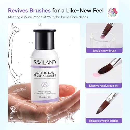 SAVILAND Acrylic Nail Brush Kit with 3 Kolinsky Brushes & 60ml Cleaner for Nails & Extensions