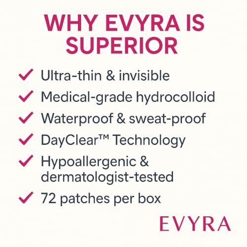 Evyra Spotless Patch ? Invisible Hydrocolloid Blemish Cover Dots ? Ultra-Thin, Clear Spot Stickers for Discreet Coverage ? 72 Count