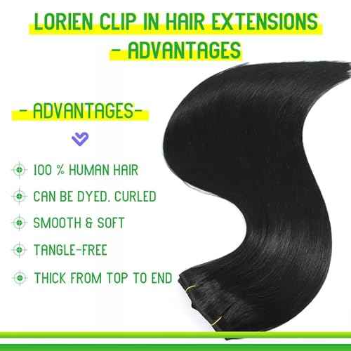 LORIEN Clip in Hair Extensions Real Human 100g 100% Brazilian Remy on 8pcs Per Set with 18Clips Double Weft (18 Inch, #1 Jet Black Color)