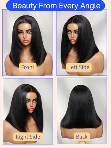 Nadula Short Layered Yaki Bob Wig 10" Human Hair 180% Density