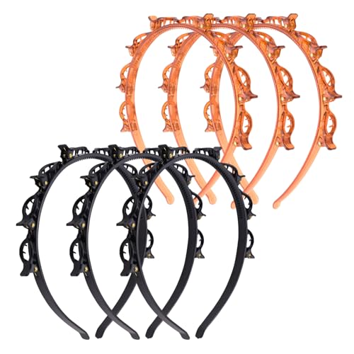 6-Pack Double Teeth Hair Headbands with Clips, Black & Brown
