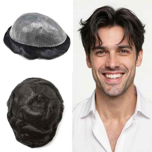 Toupee for Men Real Human Hair Piece Full Poly Thin Skin Men Hair Replacement System Mens Toupee Invisible Poly Coating Man Hairpieces8x10''-120% Density£¬1B# OFF BLACK