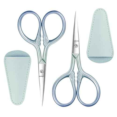 2 Pcs Eyebrow Scissors for Women, Professional Grooming Mini Scissors with Stainless Steel Straight Tip, 3.5 Inch Pink Small Scissors, Beauty Kit for Personal Care with PU Case, Gradient Blue