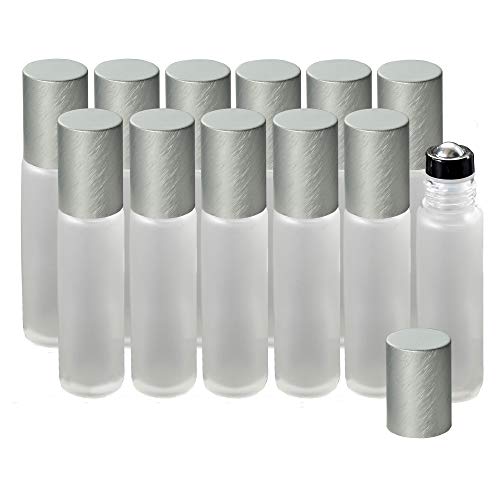 12-Pack Frosted Clear Glass Roller Bottles with Brushed Silver Leakproof Caps ? Premium Quality Empty Roll-On Bottles for Essential Oils, Perfumes, Serums, DIY Aromatherapy & Beauty Products