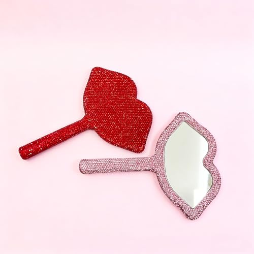Rhinestone Handheld Mirror Heart Bling Glitter Cosmetic Dazzling Portable Hand Mirrors with Handle for Women Wedding Party (All Pink)