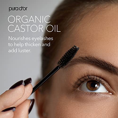 PURA D'OR Organic Castor Oil with 2 Bonus Brushes - 100% Pure Cold Pressed Hexane Free Serum for Lashes, Brows & Skin