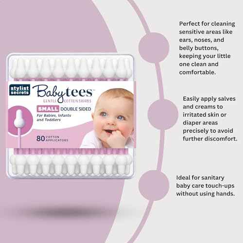 Classic Baby Tees - Small Gentle Double Sided Swabs Designed for Little Ears - for Babies, Infants & Toddlers - Dual Sided Pointed Buds - 80 Cotton Tips - 3 Pack