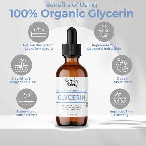 100% Organic Glycerin - For Skin & Hair - Food Grade - USDA Certified - Not From Palm Oil - Perfect Skin and Hair Moisturizer - 1 Fl Oz Glass Bottle & Dropper