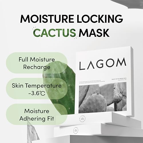 LAGOM Aqua Cactus Mask Pack- 5 Facial Sheet, Moisture Recharge, Cool Heated Skin, Red Sensitive Skin, Korean Skincare (0.91fl oz x 5 sheets)