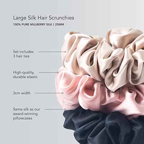 Fishers Finery Large Silk Scrunchies, 25 Momme Pure Mulberry Silk - Hair Tie Set, Anti-Frizz and Damage (Pink 3 PK)
