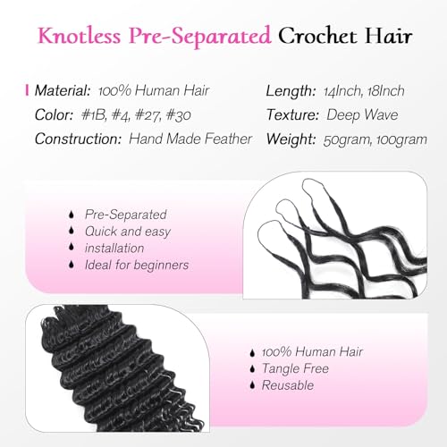 12" Feather Crochet Human Hair Deep Wave Boho Braids