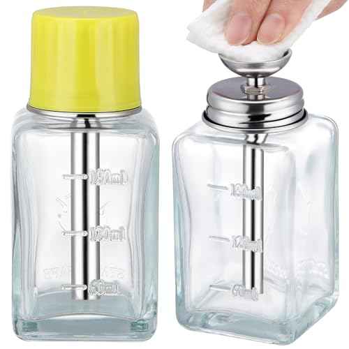 Noverlife 2PCS 6Oz / 180ml Clear Acetone Dispenser with Cap, Square Glass Nail Polish Remover Pump Alcohol Dispenser Alcohol Bottle, Refillable Push Down Pump Bottle for Makeup Remover