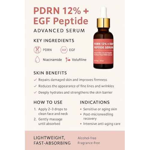 Salmon DNA PDRN 120,000 ppm EGF Peptide Microneedling Serum w/Volufiline, Phyto PDRN 12%, Growth Factor - Anti-Aging Face Serum with Niacinamide, Hyaluronic Acid 1 Fl Oz Korean Skincare
