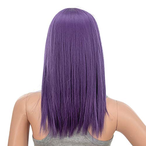 SWACC Short Straight Wig 14 Inch with Blunt Bangs and Purple Shade for Women