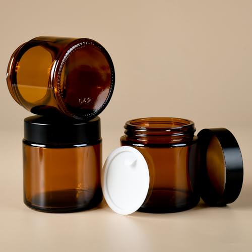 4 oz Reusable Amber Glass Container Jars 24 Pack with Wide-mouth Leak Proof Cap and Inner Pull-On Lid for Travel Storage Makeup, Face Creams, Body Lotions, DIY Crafts or Others