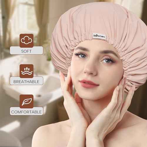 Years calm Shower Cap Reusable Waterproof, Double-Layer Hair Cap for Women, with Elastic Band, Ideal for Shower, Spa, Travel & Cleaning (Light pink, One Size)