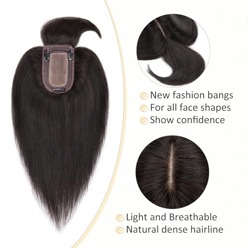 Human Hair Topper with Bangs - 12 Inch Remy Silk Base for Thinning