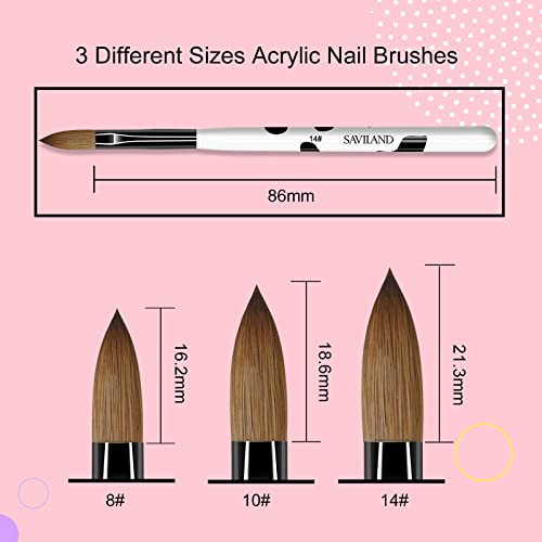 SAVILAND Kolinsky Acrylic Nail Brush Set: Size 6,8,10,12,14 Professional Manicure Brushes for Acrylic Powder Application, Extensions & 3D Nail Art Home Salon DIY