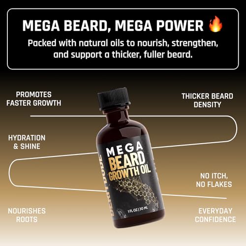 Derm Dude Mega Beard Growth Oil for Men | Formulated with Castor Oil & Jojoba Oil for Hair Growth | Promotes Thicker, Fuller Beard, Hydrates & Softens Facial Hair, Non-Greasy Grooming Treatment - 1 oz
