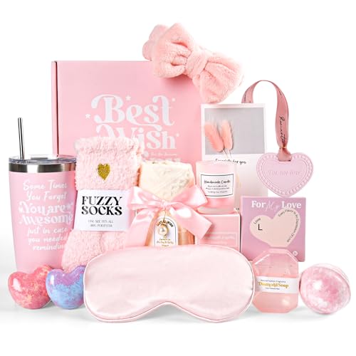 Happy Birthday Gifts for Women Mom Her Friend Sister Wife Grandma, Self Care Gifts Spa Gifts Set, Relaxing Care Package Spa Basket, Valentines Day, Mothers Day, Birthday Gifts for Your Love (Pink)