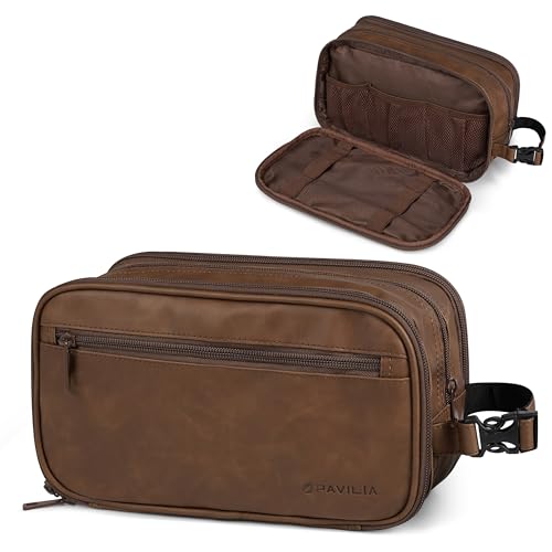 PAVILIA Large Light Brown Toiletry Bag for Men Dopp Kit Travel Organizer