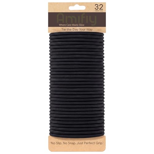 Black Hair Ties No Damage - Organic Ponytail Holders for All Hair Types - 4mm Elastics, 32 Count - Variation: Black