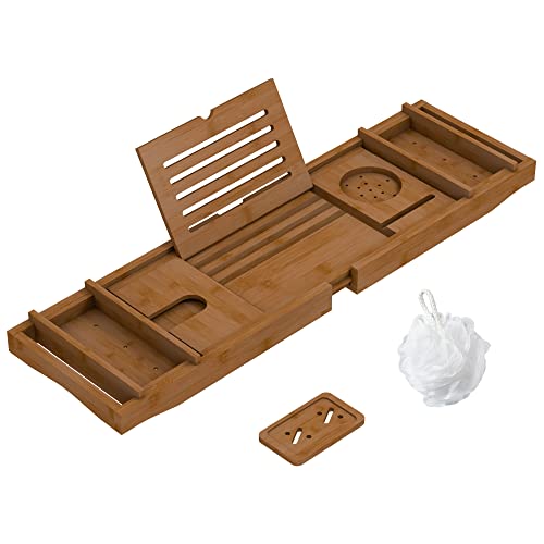 Bamboo Expandable Bath Tray with Book Holder & Wine Glass Holder