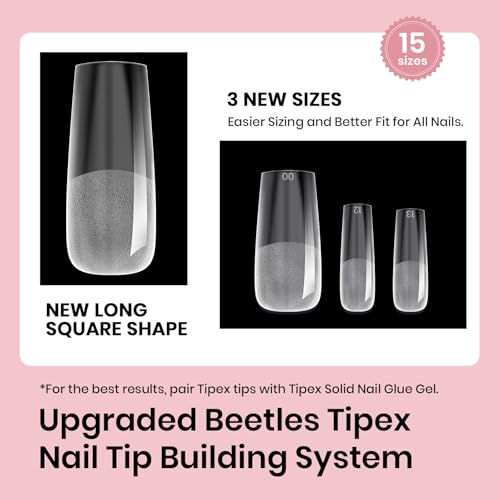 Beetles Tipex Instant Apex Nail Tips,180Pcs Pre-building & Pre-Etched Gel Nail Tips Long Square Thicker Acrylic Nails Strong Full Cover False Nail Extension Building Gel Press-on Nails for Flat Nails