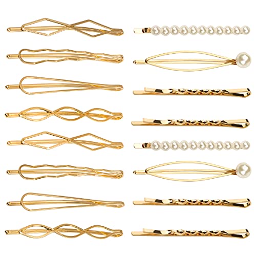Gold Geometric Hair Clips Set - 16 Piece Metal Bobby Pins