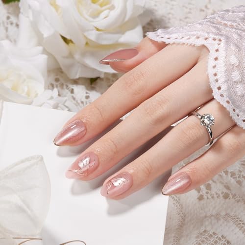 VSALON Short Almond Press On Nails - Pink Cat Eye Butterfly Design, Summer Reusable Tips, 16 Sizes, 32PCS, Variation 05-Papillon