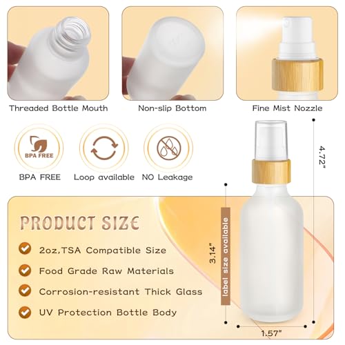 12 Pack 2 oz Glass Spray Bottles,Empty Perfume Fine Mist Atomizer,Natural Bamboo Pump Head Travel Liquid Holder Containers for Cologne,Essential Oils,Body Sprays,Room Sprays-Clear Frosted