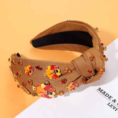 Thanksgiving Headband Fall Pearl Rhinestone Jeweled Knotted Headband Accessories Pumpkin Leaf Print Wide Knot Hairband Thanksgiving Turkey Holiday Headband Hair Accessories Gifts